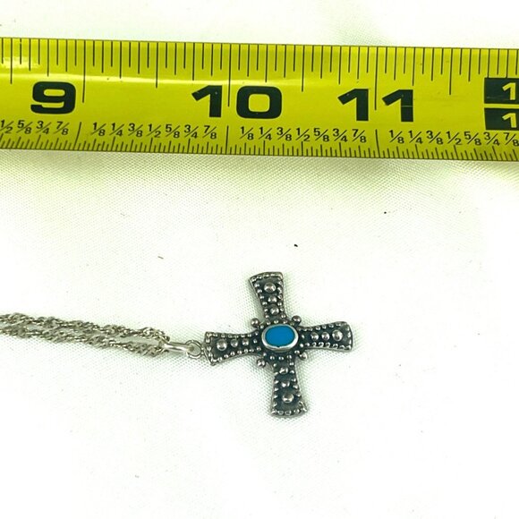 Sterling Silver Cross Pendant Necklace Turquoise Accent Intricate Detailing - Picture 4 of 9